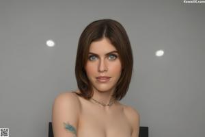 A 3D rendering of a woman with a tattoo on her arm.