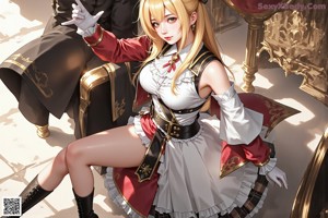 A woman in a maid outfit sitting on a chair.